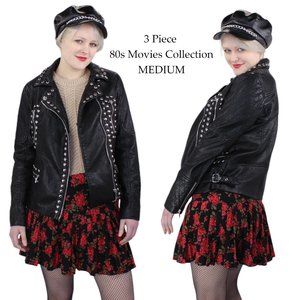 80s Madonna Movies Costume  - 3 Piece Faux Leather Jacket,  Cap, & Skirt